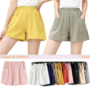 Korean Womens Cotton Linen Fashion Shorts with Pockets Summer Elastic Waist Casual Loose Student Sports Home Wear Office Shorts Yellow