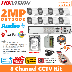 Hikvision 8Channel 2MP Smart Hybrid Light with Colorvu Audio 8Camera Outdoor Bullet 8CH DIY CCTV Package Kit NASHANTOO 8/8CRA2 CPS+CABLE(8B) (with optional HDD)