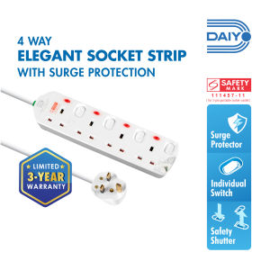 Daiyo DE 294 4 Way Elegant Surge Protector Power Extension Socket Strip with 2 Meter Power Cord