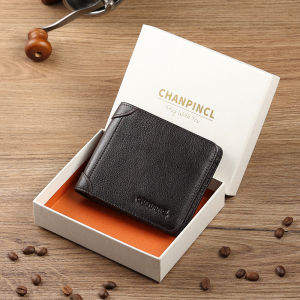 【Genuine Cow Leather/ Gift Box】CHANPINCL Brand Hot Sale Mens Wallet Luxury Original Short Tri-Fold First Layer Cowhide Purse Business Horizontal Fashion
