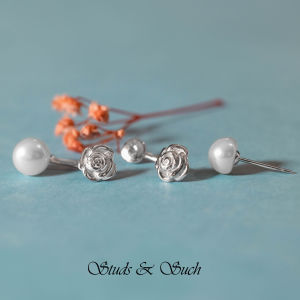 [Studs & Such] 925 Silver Stunning Rose Ear Jacket Stud Earrings With Genuine Freshwater Pearl