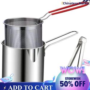 【Chinatera】Tempura Fryer Pan with Strainer & Food Tongs Stainless Steel Fry Pot Portable Cooking Pot Chicken Fried Cooking Tools