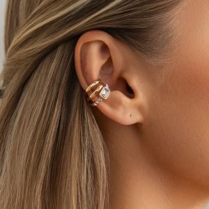 GENENIC Multi-Layer C-shaped Ear Clip Golded Silver Square Zircon Stud Earrings Hip Hop Irregular Shape Triple Ring Clip Women