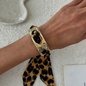 LONGB Họa tiết da báo Vòng tay loại bản rộng Ruy băng chấm bi Có thể điều chỉnh Vòng tay khăn lụa Thường ngày Vòng tay kiểu măng-sét Phụ nữ