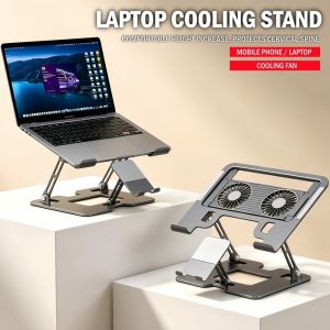Laptop Cooling Stand with Dual Fans Height Adjustable 2 in 1 Phone Holder for Notebook Cooling