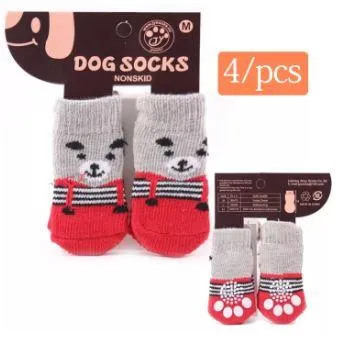 4PCS/Set Non-Slip Dog Socks Knit Pet Cat Puppy Shoes Cute Print Paw  Protecter ♧