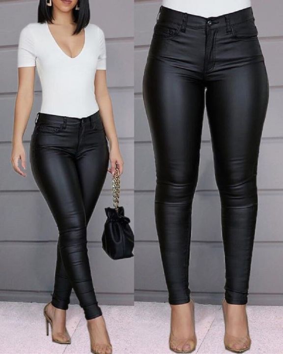 Women PU Leather Pants Black Stretch Bodycon Trousers Women High