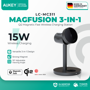 AUKEY LC-MC311 MagFusion 3-in-1 Qi2 Wireless Charging Stand with 15W Quick Charge PD Compatible for iPhone Apple Watch AirPods - Elegant Black