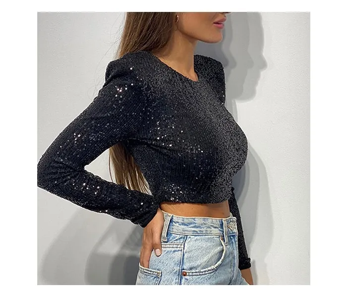 Elegant Long Sleeve Sequin Blouse Women Glitter Casual O Neck