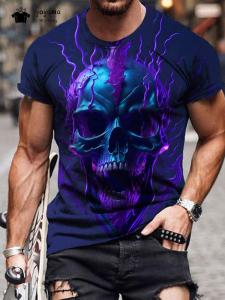 Skull Printed T-Shirt Mens Summer Street Mens Short Sleeve Tee Fashion Versatile Oversized Mens Top Round Neck Mens Clothing