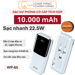 Pin sạc dự phòng WEKOME WP-65 10000mAh sạc nhanh 22.5W có sẵn dây 4 đầu Type-C Lightning Micro LED