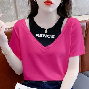 SSeE U Summer T-shirt Plus Size Patchwork Letter Printed Short Sleeve T-shirt Womens Versatile Slimming Fake Two Off Shoulder Top