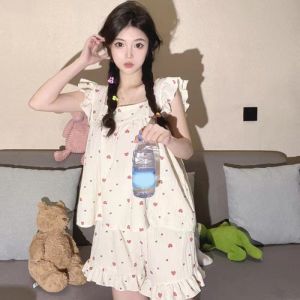 SWEET TIM pajamas for women 睡衣 Cartoon Sleeveless Nightwear Cherry Ruffled Sleepwear Women Sweet Bear Short Pajamas Set Girl Gift