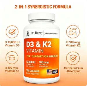 Dr. Berg Vitamin D3 & K2 Capsules 10000 IU D3 + 100mcg K2 Support Immune & Bone Health 120ct
