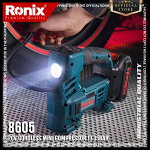 Ronix 8605 20V Cordless Mini Air Compressor 10.35 Bar 150 PSI Portable Tire Inflator with LED Light Digital Gauge Lithium-Ion Battery 2Ah Lightweight 16 L/min Auto Shut Off Ideal for Car Bike Sedan Football Includes Charger & Adapters