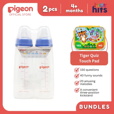 Pigeon PP Slim Neck Blue Bottle 240ml (M) Twin Pack and Kids Hits Tiger Quiz Touch Pad Bundle for Babies & Toddlers