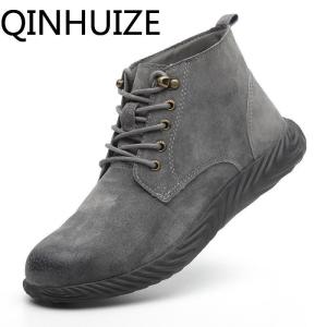 QINHUIZE Genuine Leather Safety Work Boots Crazy Horse Leather Martin Boots Men Fashion Desert Boots Popular High Top Leather Shoes