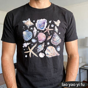 [Local Stock] HBESTY  Ocean Seashell Starfish Men T Shirt Watercolor Conch Marine Element Graphic Elegant Trendy Mens Short Sleeve Blouse