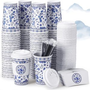 LZD Sherr 100 Pack Paper Coffee Cups  Coffee Cups with Lids Coffee Cups with Sleeves and Straws Blue and White Paper Coffee Cups Floral Pattern Paper Cups for Office Home Tea Party (16 oz)