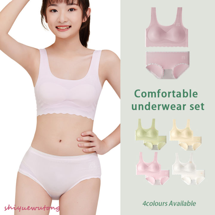 Ready Stock】Girls Underwear Set Seamless Wireless Ice Silk Bra Student  Small Vest