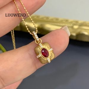 LUOWEND 100% 18K Yellow Gold Pendant Vintage Palace Style Shiny Diamond Natural Ruby Necklace Pendant for Women Fine Jewelry