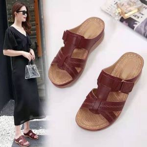 Free Shipping WomenS Slippers With Outer Stitching Hollowed-Out Design Thick Soles And Wedge Heels For Casual Wear
