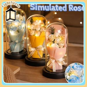 Artificial Rose Bouquet Glass Dome Led Light Gift Box Home Decor Romantic Ornament Desk Display