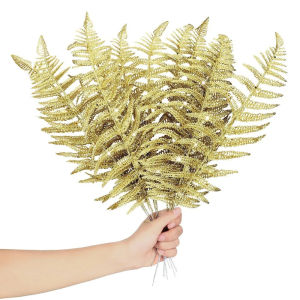 12 PCS Glitter Coated Plastic Simulated Fern Stems Artificial Fern Picks Shiny Winter Holiday Home Party Decor Accessories