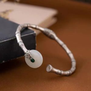 LR-Sterling Silver S925 Bamboo Natural Hetian Jade Bracelet Fashion Retro Simple Versatile Womens Round White Jade Bracelet Bamboo represents peace health and longevity