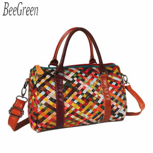 BeeGreen Women Real Leather Woven Handbag Classic Boston Bag Large Capacity Shoulder Bag Multicolor Travel Bag