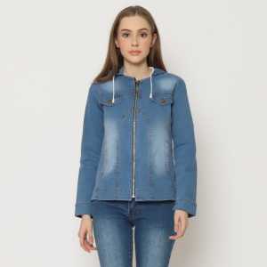 Minola Jaket Jeans Wanita Terbaru Premium Streetch Melar Jumbo Resleting Tudung Korea Style Dewasa