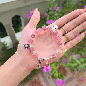 Lắc bạc TA Dâu Tây Hồng mix ngũ điếu cỏ 4 lá tỳ hưu TA Dâu Tây Hồng cho mệnh Hỏa và Thổ - Phong Thủy TUDO