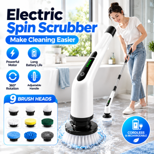 9-in-1 Electric Spin Scrubber Multi-Surface Cleaning Brush Adjustable Long Handle Rechargeable Cordless Design