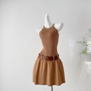 Women 2026 Summer Knitted Halter Off-Shoulder Pleated Waist Cinching Dress