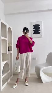2025 Spring and Autumn New Miyake Style Pleated Elastic Loose Plus Size Oversize Solid Color Pleated Batwing Sleeve Turn-Down Collar Long Sleeve Base Shirt Top T-Shirt for Women
