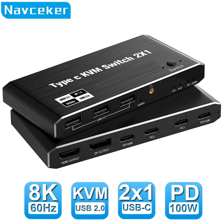 Navceker 2x1 8K Thunderbolt 4 USB C KVM Switch 100W PD Charge 4K 144Hz