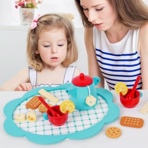 FLUTE Wooden Afternoon Tea Set Toy Early Educational Simulation Pretend Play Kitchen Set Tea Party Tableware Learning Tea Set Play Toy Toddlers Girls Boys