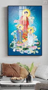 Tranh Phật Giáo - Tây Phương Tam Thánh chất liệu in gỗ tráng gương được bọc viền trang trí nhà cửa phòng thờ 04