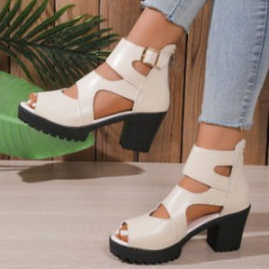 [Free Shipping] Summer New Beige Chunky Heel Peep-Toe Sandals For Women Hollow-Out Buckle Design Thick-Soled Platform Roman Sandals Retro Style