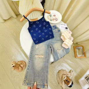 SETELAN ANAK PEREMPUAN KOREAN STYLE TANK TOP CELANA PANJANG JEANS DENIM RIPPED