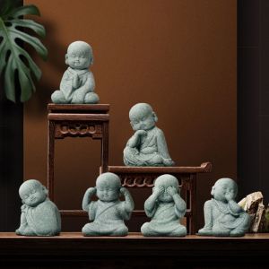 GVDBHFD Cute Little Monk Ornament DIY Green Sandstone Buddha Statue Multiple Styles Chinese Style Mini Bald Monk Fish Pond Landscaping