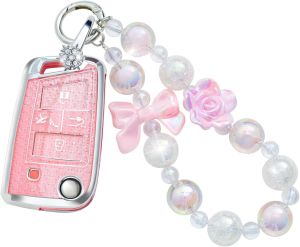 Pangpai Pink Key Fob Cover for VW Volkswagen Tiguan Golf Jetta Polo Atlas Smart Key TPU Keys Case Shell Protector with Keychain Lanyard Girly Women Cute