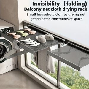 1pc Invisible Folding Balcony Net Cloth Drying Rack Aluminum Space-Saving Retractable Laundry Rack No Drilling Required Indoor Bathroom Door Back Multi-Functional Storage Shelf