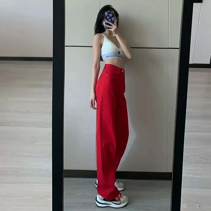 Korean Red High Waist Jeans Women Loose Trendy Wide Leg Pants for