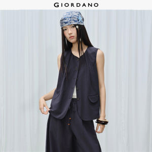 GIORDANO Women Vests Linen Blend Asymmetric Pockets Vests Gathered Round Neck Slim Fit Fashionable Casual Vests 18376306