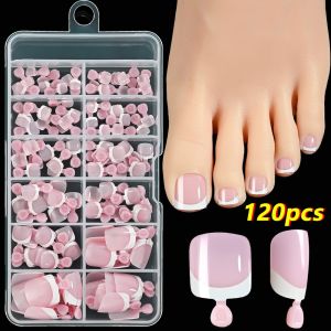 KEYOOL 120Pcs Chic French Tip Nails Set Press on Glossy Short Tip Toenail Luxury Full Cover Fake Toe Nails Nails Art