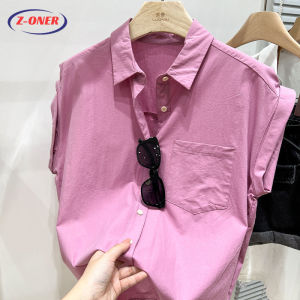 Z-ONER Korean Style Blue Blouse for Women Sweet Stand-up Collar Blouse Fashion Short-sleeve Shirt