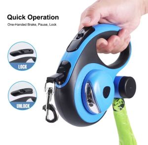5M Blue & Black Two Color Retractable Leash with Poop bag holder + with adhesive lighting