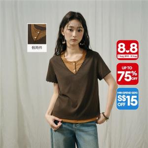 Giordano Women Fake two-piece lace trim short sleeve tee Free Shipping 18326824