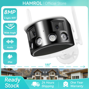 Hamrol 8MP 4K Ultra HD 180° wide angle Dual Lens Wifi Camera Ai Human Detect CCTV Video Surveillance Security Camera iCsee APP
